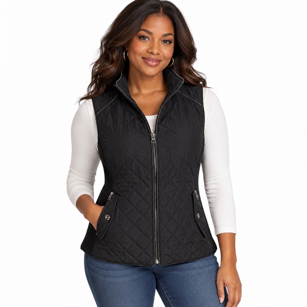 Chicos Quilted Rib Trim Vest Black Mock Neck Zip Pockets Size 0 Small